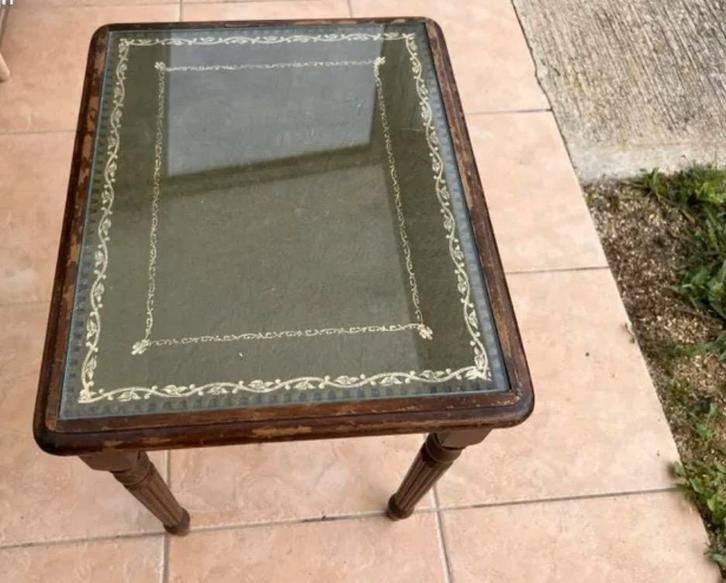 Prachtige vintage leren bijzettafel met marqueterie, Huis en Inrichting, Tafels | Salontafels, Zo goed als nieuw, Glas, Ophalen