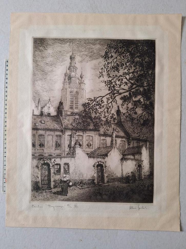 Mooie ets Albert Goethals Begijnhof van Kortrijk, Antiek en Kunst, Kunst | Etsen en Gravures, Ophalen of Verzenden