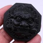 Antieke Chinese Leeuwenkop amulet in Gitzwarte Obsidiaan, Envoi