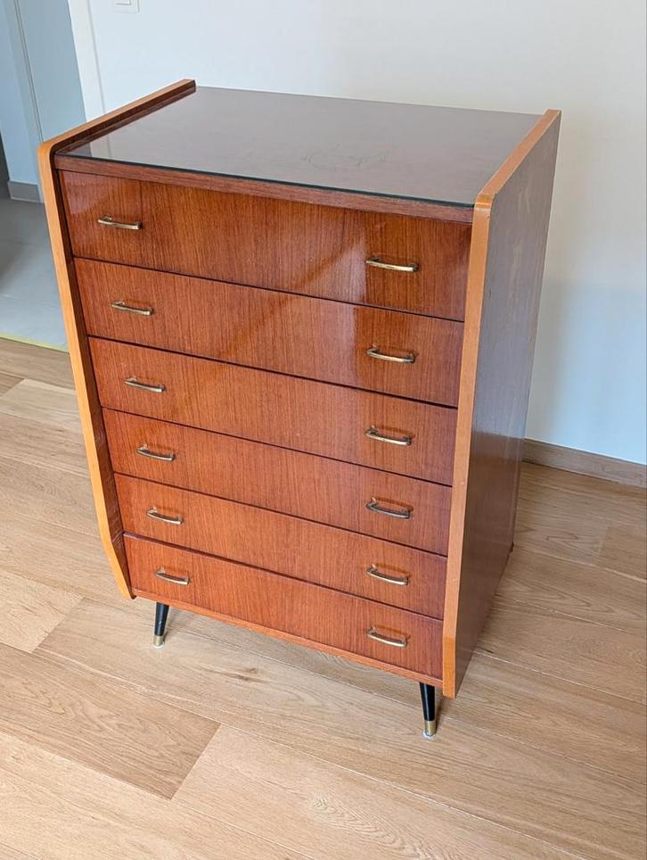 Commode Vintage Mid-Century (6 tiroirs) - Style Pieds Compas, Maison & Meubles, Armoires | Commodes, 100 à 150 cm, 50 à 100 cm