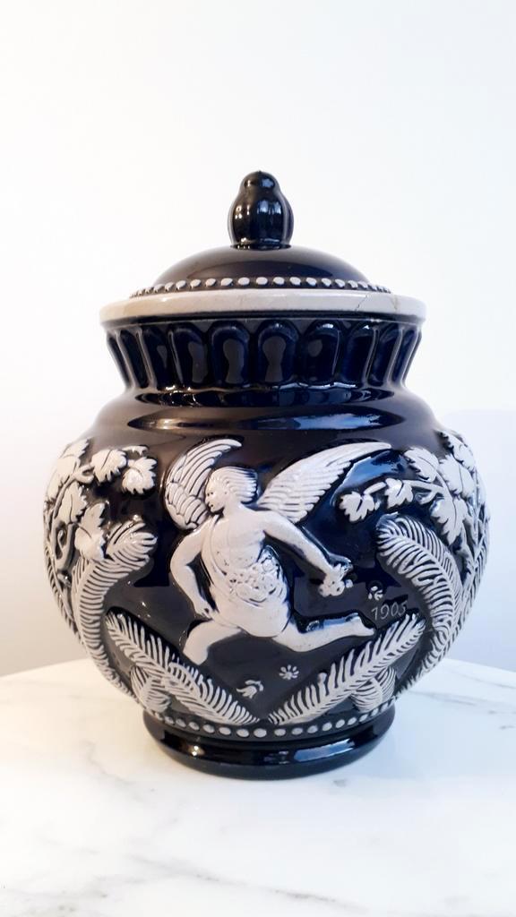 Kobaltblauwe humidor Eckhardt & Egler (nr 1905), Antiek en Kunst, Antiek | Keramiek en Aardewerk, Ophalen of Verzenden