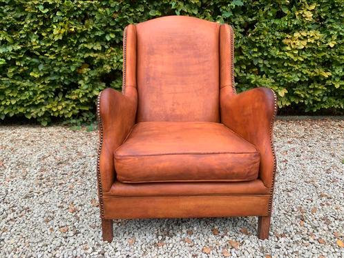 Cognac Schaapsleren Wingback Fauteuil in goede staat, Maison & Meubles, Canapés | Salons, Enlèvement