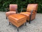 2 originele Rancho cognac industriele Fauteuils + Poef, Ophalen