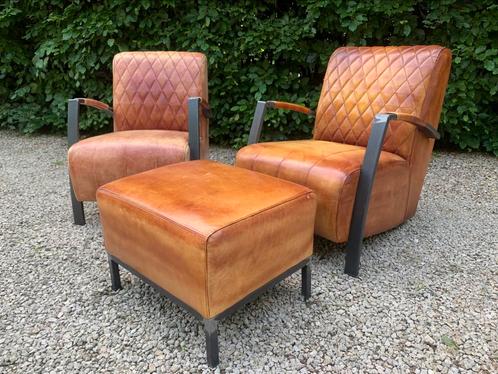 2 originele Rancho cognac industriele Fauteuils + Poef, Huis en Inrichting, Zetels | Voetbanken en poefs, Ophalen