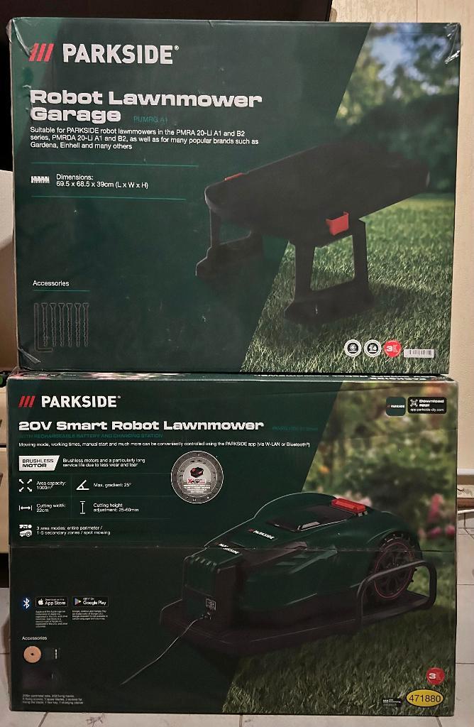 PARKSIDE PAMRS1000 robotmaaier + garage nieuw, Tuin en Terras, Robotmaaiers, Nieuw, 20 tot 25 cm, Met regensensor, Bestuurbaar via app