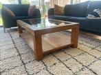 Salontafel in teakhout met glazen blad, Huis en Inrichting, Tafels | Salontafels, Ophalen, Gebruikt, 100 tot 150 cm, Glas