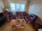 Woonkamer volledig leer, massief hout. 5 zitplaatsen 3+1+1+, Ophalen of Verzenden, Gebruikt, Hout