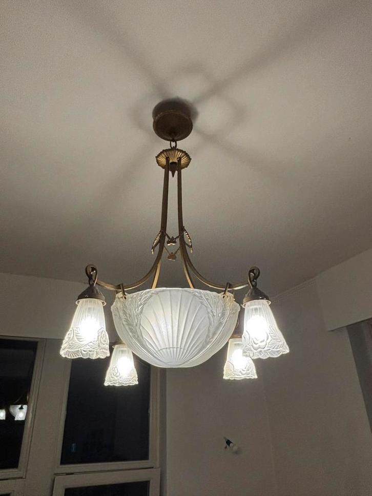 Art Deco luster uit de jaren ‘30, Huis en Inrichting, Lampen | Kroonluchters, Gebruikt, Glas, Metaal, Ophalen
