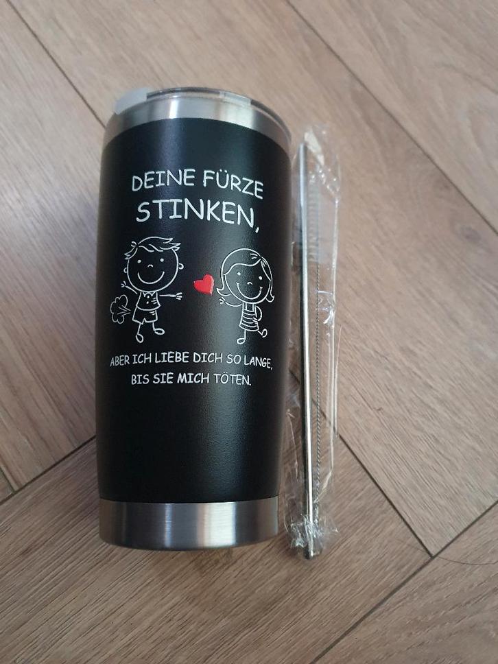 Thermobeker met tekst | RVS | incl. rietje | Valentijncadeau, Huis en Inrichting, Keuken | Servies, Nieuw, Overige typen, Overige materialen