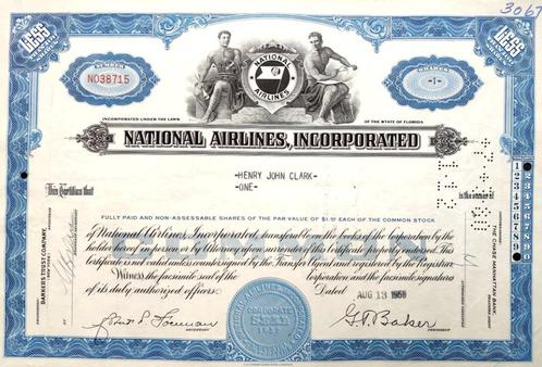 National Airlines Incorporated 1958, Timbres & Monnaies, Actions & Titres, Action, 1950 à 1970, Enlèvement ou Envoi