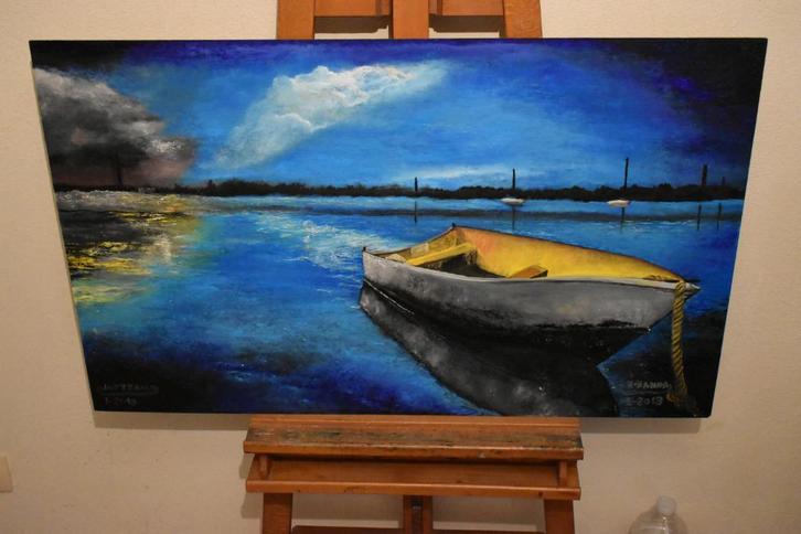 Blauwe zonsondergangschildering, gesigneerd en gedateerd jok, Antiek en Kunst, Kunst | Schilderijen | Modern, Ophalen