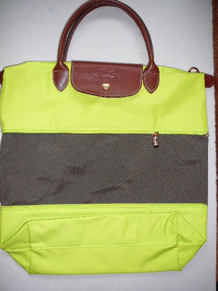 Longchamp pliage handtas met rits gifgroen - geel en bruin, Handtassen en Accessoires, Tassen | Damestassen, Gebruikt, Handtas