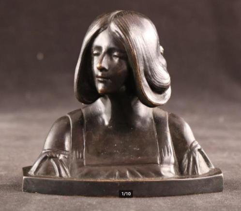 Zeer fraaie donker gepatineerde bronzen Jugendstil buste, Antiek en Kunst, Antiek | Brons en Koper, Ophalen of Verzenden