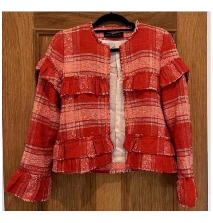 Zara Rood Geruit Freyed Zoom Gingham Blazer Jas Jack vest M, Kleding | Dames, Truien en Vesten, Zo goed als nieuw, Maat 38/40 (M)