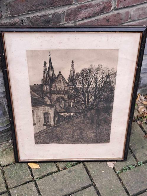 eau forte sainte waudru a mons signe louis van de spiegele, Antiek en Kunst, Kunst | Etsen en Gravures, Ophalen of Verzenden