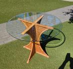 Ronde ROTAN tafel met gepolijst glazen blad (Ø 90 cm), Ophalen, Overige materialen, Gebruikt, 50 tot 100 cm
