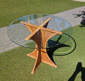 Ronde ROTAN tafel met gepolijst glazen blad (Ø 90 cm)  beschikbaar voor biedingen