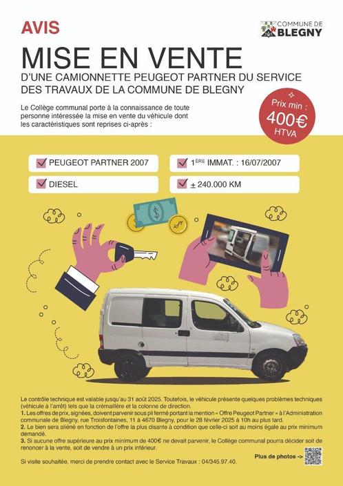 Mise en vente d'une camionnette Peugeot Partner du service T, Auto's, Peugeot, Particulier, Partner, Diesel, Euro 4, Overige carrosserie