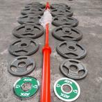 157 kg Olympische Grip Gewichten Set + Nieuwe Barbell 220cm, Sport en Fitness, Ophalen, Zo goed als nieuw, Benen, Halterset