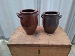 2 oude aardewerken voorraadpotten met oren/bruin geglazuurd, Antiek en Kunst, Ophalen