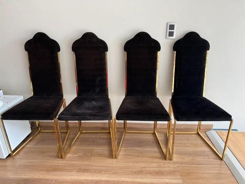 4 chaises rétro Hollywood Regency en or et marron foncé, Maison & Meubles, Chaises, Utilisé, Quatre, Métal, Tissus, Brun, Enlèvement ou Envoi