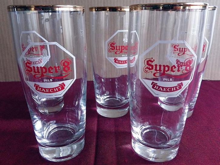 Set van 5 ‘Super 8’ Haecht Bierglazen, Verzamelen, Glas en Drinkglazen, Zo goed als nieuw, Bierglas, Ophalen
