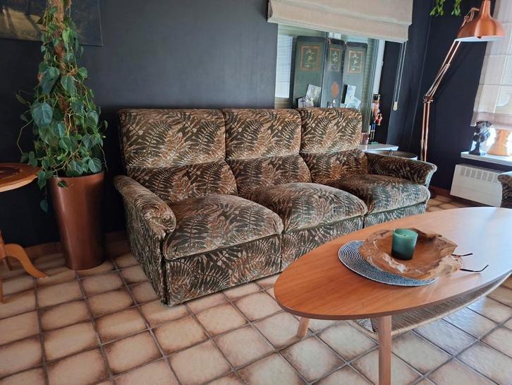 Vintage retro midcentury bank + fauteuil met forest print, Huis en Inrichting, Zetels | Complete zithoeken, Stof, Ophalen