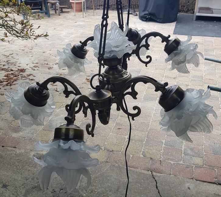 Bronzen kroonluchter, Huis en Inrichting, Lampen | Kroonluchters, Gebruikt, Glas, Ophalen