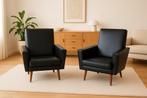 Duo vintage fauteuil in Scandinavische stijl in zwart kunstl, Huis en Inrichting, Gebruikt, Hout