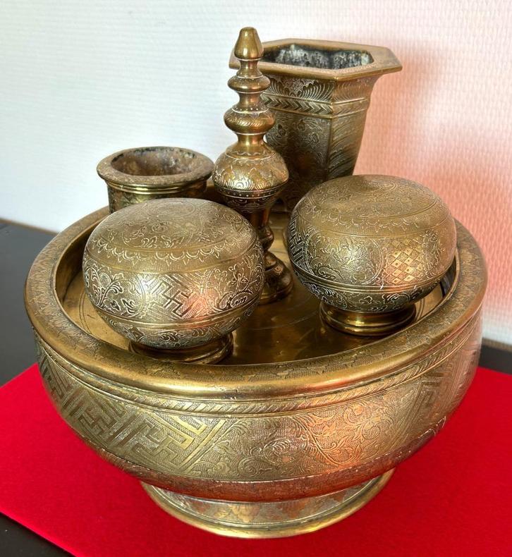Set voor betelnoten in hout en messing 1890-1910, Antiek en Kunst, Kunst | Niet-Westerse kunst, Ophalen of Verzenden