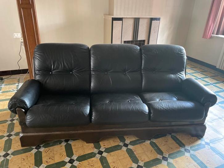 Zwarte leren zetels (set), Huis en Inrichting, Zetels | Zetels, Gebruikt, Rechte bank, Driepersoons, Minder dan 150 cm, Hout, Leer