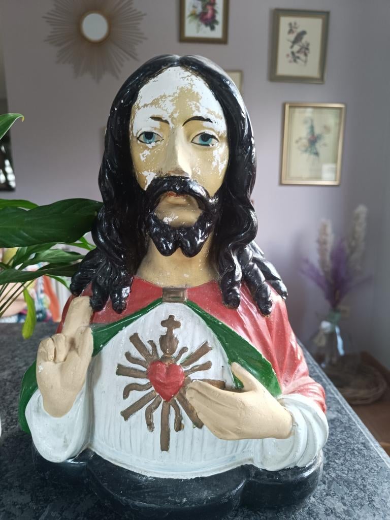 Ravissant buste du Sacré-Cœur en plâtre, ancien, Enlèvement ou Envoi