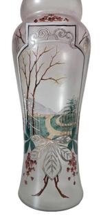 Art nouveau glazen vaas in opaalglas met emaillen decoratie, Antiek en Kunst, Ophalen of Verzenden