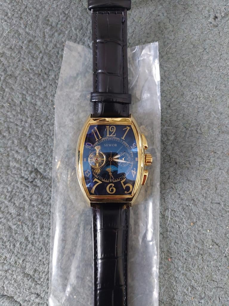 Nieuw Heren Horloge met leren horloge band automatic, Overige merken, Leer, Staal, Polshorloge