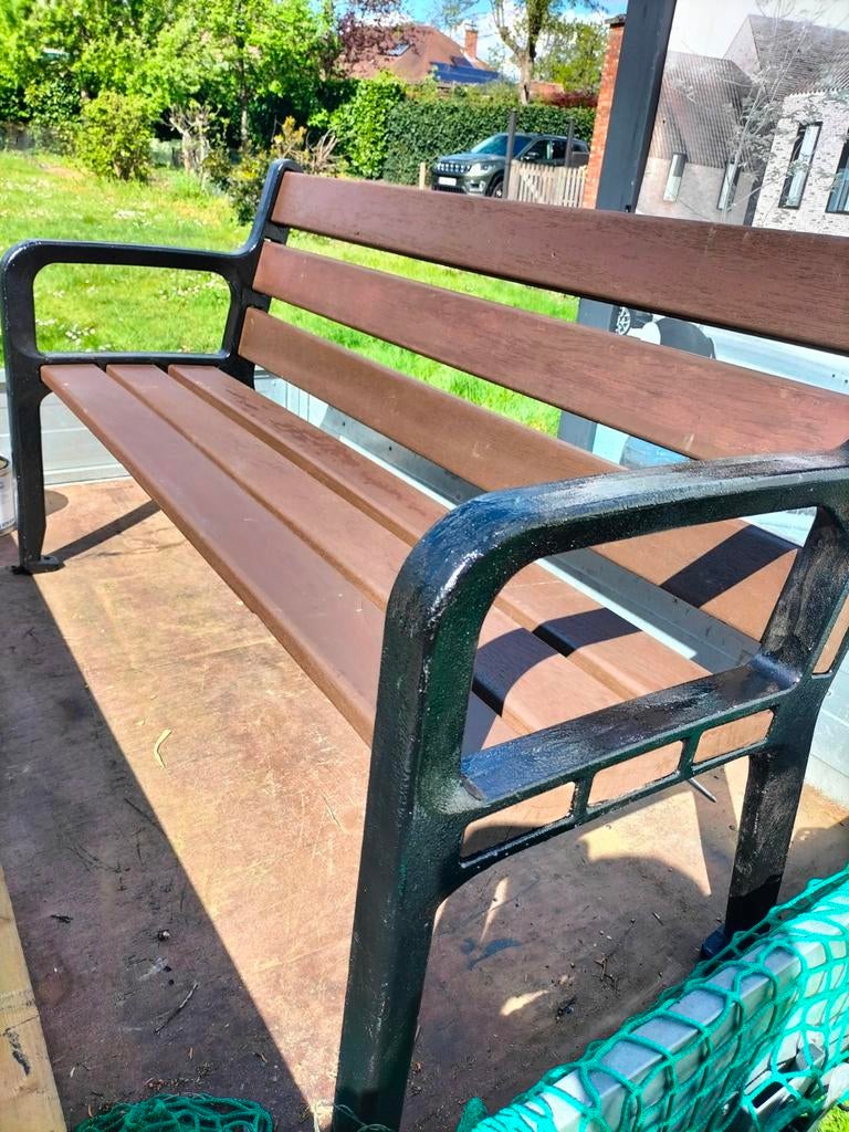 zware tuinbank gietijzeren steunen en hardhouten zit en rug, Ophalen, Hout