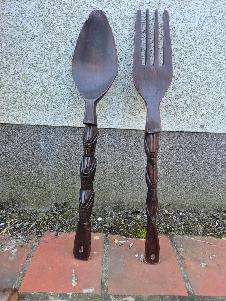 Lepel en vork in hout +-50cm, Ophalen of Verzenden