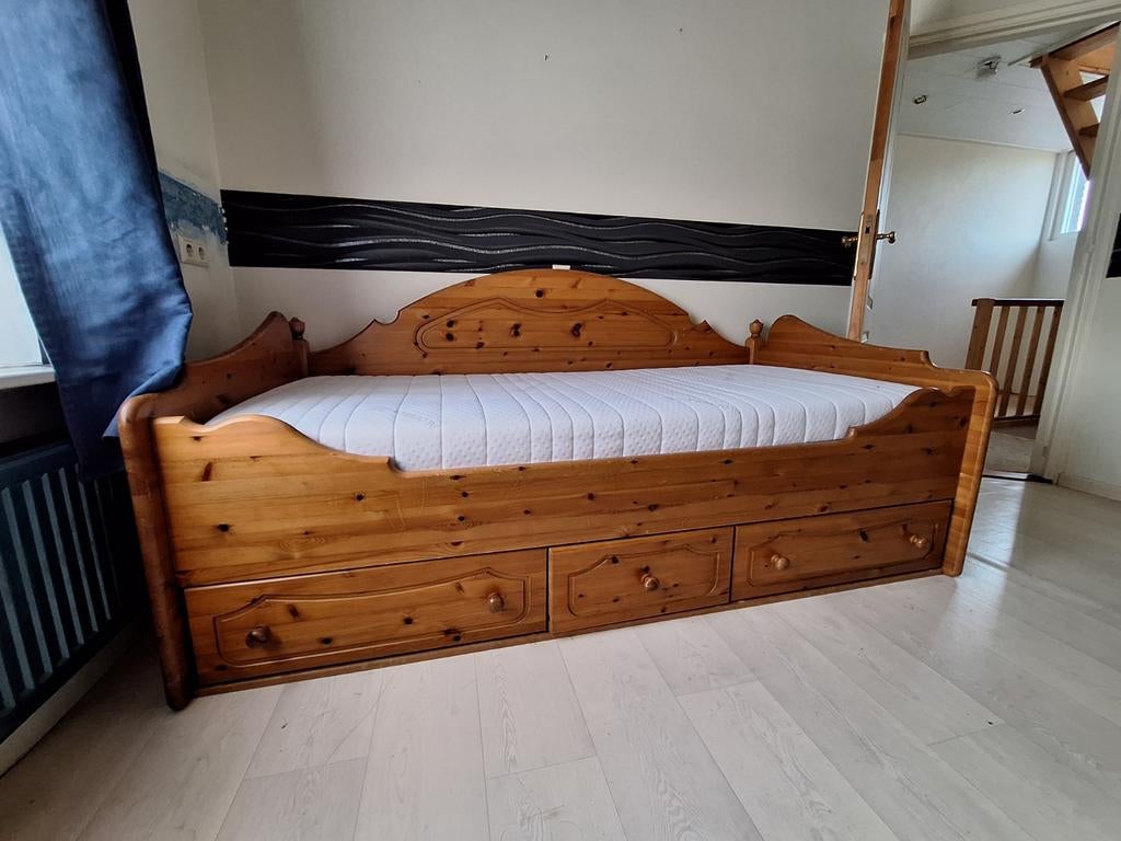 Kajuitbed grenen met 3 laden en matras, Huis en Inrichting, Slaapkamer | Bedden, Ophalen, 90 cm, Eenpersoons, 200 cm