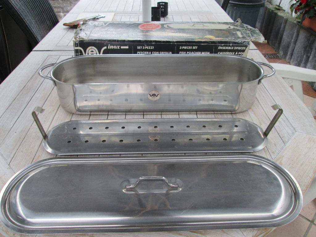 viskookkom langwerpig 60cm met uitlekplaat inox, Huis en Inrichting, Keuken | Potten en Pannen, Zo goed als nieuw, Kookpan of Snelkookpan