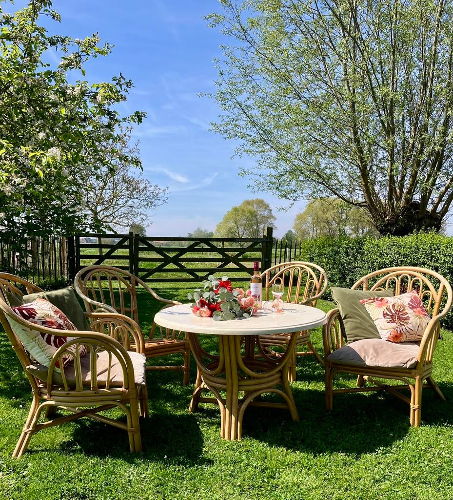 Rotan rieten bamboe tuinset tafel zetel, Ophalen of Verzenden, Rotan, Tuinset