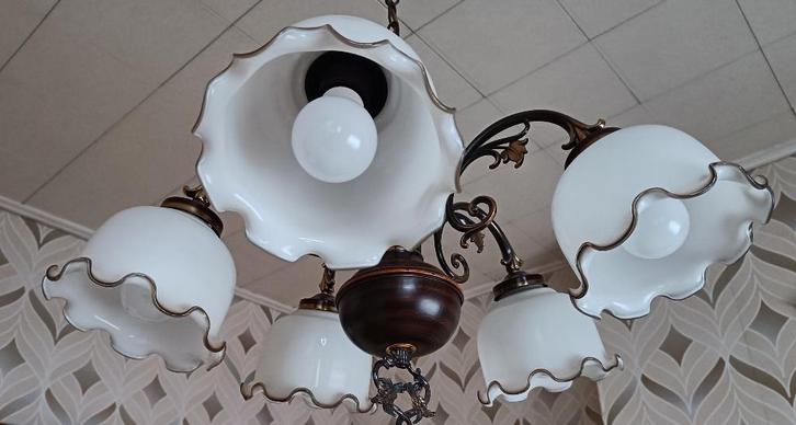 Rustieke luster, Huis en Inrichting, Lampen | Kroonluchters, Gebruikt, Glas, Hout, Metaal, Ophalen