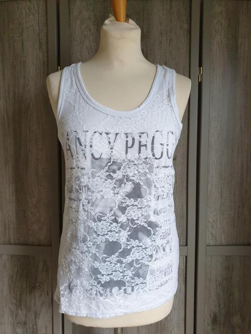mooi stretch topje 2 lagen wit + kant + print zwart TU, Kleding | Dames, Topjes, Zo goed als nieuw, Maat 36 (S), Wit, Zonder mouw