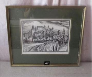 Belle gravure « Ville et château » - signée - 1983