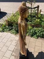 Buddha 1m40 in hout met spiegeltjes op, Tuin en Terras, Ophalen, Gebruikt, Hout, Boeddhabeeld