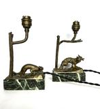 oude vintage set lampjes brons marmer marter en vos, Ophalen of Verzenden, Brons
