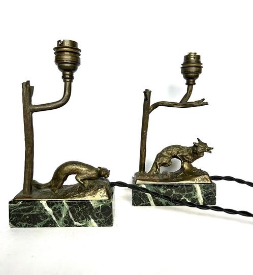 oude vintage set lampjes brons marmer marter en vos, Antiquités & Art, Antiquités | Bronze & Cuivre, Bronze, Enlèvement ou Envoi