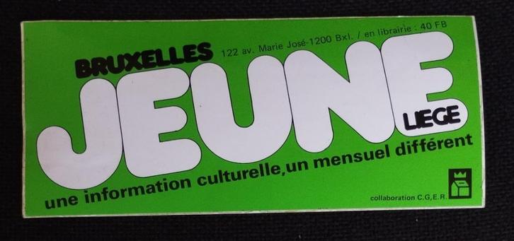 Autocollant revue Bruxelles JEUNES Liege, Collections, Autocollants, Comme neuf, Société ou Association, Enlèvement ou Envoi