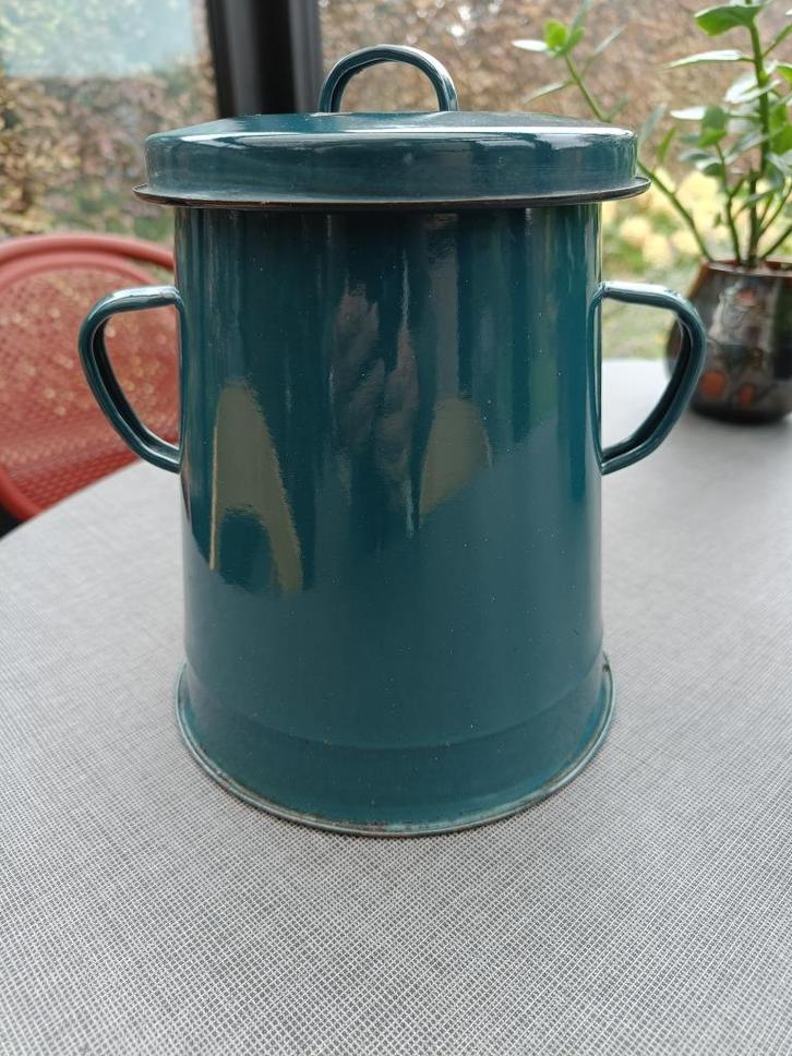 Oude geëmallieerde ijzeren voorraadpot. Hoogte 19 cm., Antiquités & Art, Curiosités & Brocante, Enlèvement ou Envoi