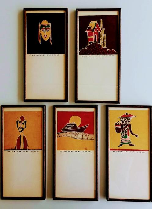 5 batik van Suhardi - ingekaderd - goede staat, Huis en Inrichting, Woonaccessoires | Wanddecoraties, Gebruikt, Ophalen of Verzenden