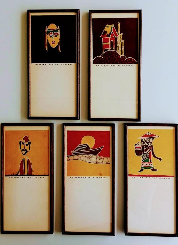 5 batik van Suhardi - ingekaderd - goede staat, Huis en Inrichting, Woonaccessoires | Wanddecoraties, Gebruikt, Ophalen of Verzenden