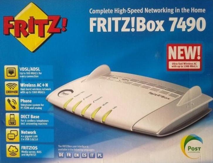 AVM fritz box 7490 - vdsl +dect+gigabit + a/b/g/n/ac gv78, Computers en Software, Routers en Modems, Refurbished, Router met modem